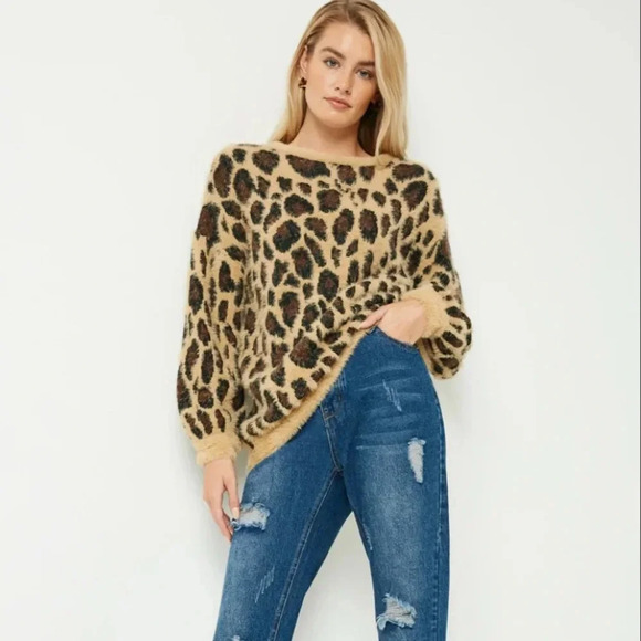 HAYDEN Los Angeles mohair pullover sweater leopard print oversized sz L chic EUC - Picture 1 of 15